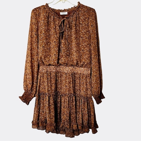 REVEROF Smocked Waist Ruffled Tie Neck Long Sleeve Boho Coquette Mini Dress L - Picture 7 of 16